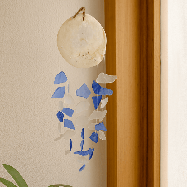 Campanello a Vento Goccia di Vetro Blu e Bianco