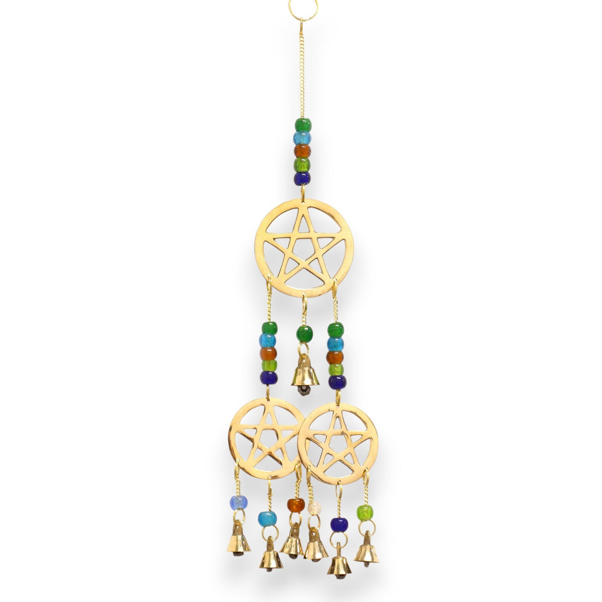 Enchanting Brass Tri - Pentagram Wind Chime with 7 Soothing Bells - Handcrafted in India for Spiritual Harmony and Protection - SHAMTAM.COM