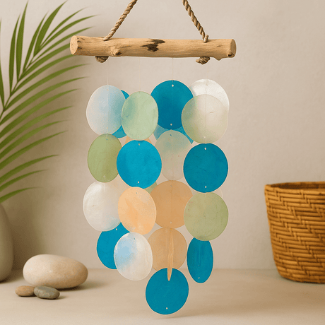 Wind Chime Driftwood Cross Blue And Pearl - SHAMTAM.COM