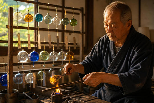 A craftsman hand-blowing glass over a flame, finished wind chimes cooling nearby