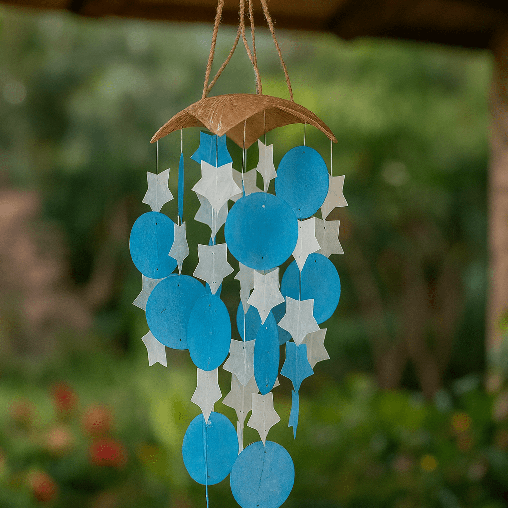 Wind Chimes Coconut and Capiz Blue - White Stars 30cm - SHAMTAM.COM