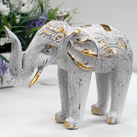 Wood Carved Elephant - White Gold - SHAMTAM.COM