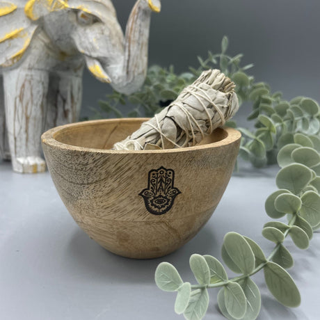 Wooden Bowl - Hamsa - Smudge Ritual Offerings Altar Sacrificial 11x7cm - SHAMTAM.COM