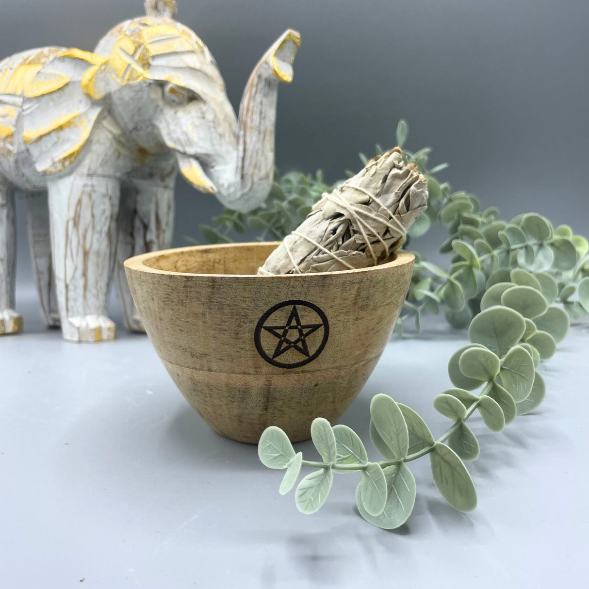 Wooden Bowl - Pentagram - Smudge Ritual Offerings Altar Sacrificial 11x7cm - SHAMTAM.COM