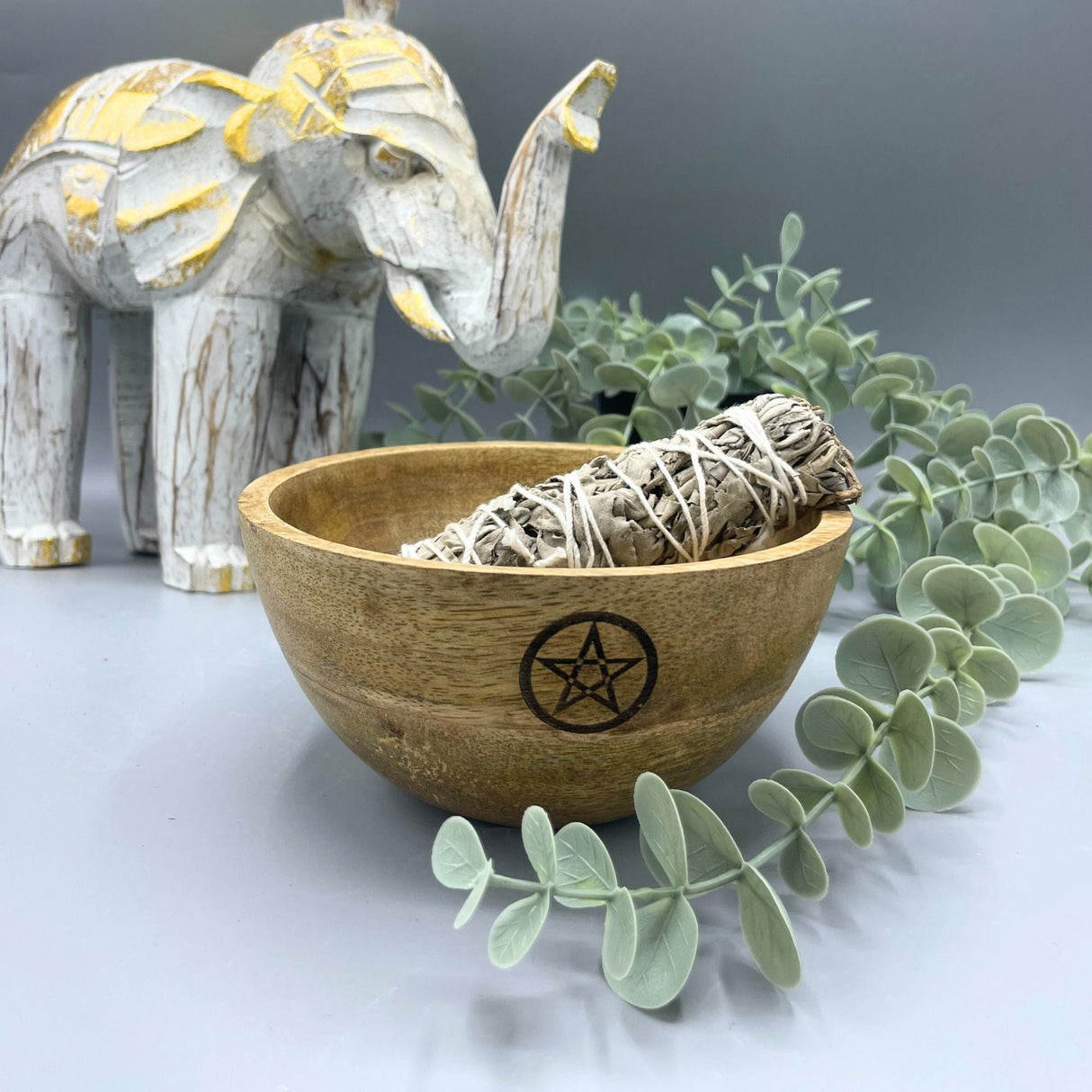 Wooden Bowl - Pentagram - Smudge Ritual Offerings Altar Sacrificial 13x7cm - SHAMTAM.COM