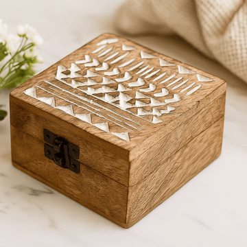 Wooden Box Whitewashed Aztec Design 10x10 cm
