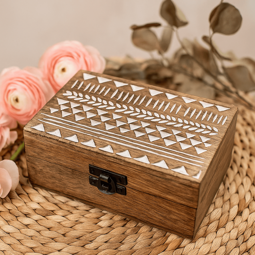 Wooden Box Whitewashed Aztec Design 15x10x6 cm - SHAMTAM.COM