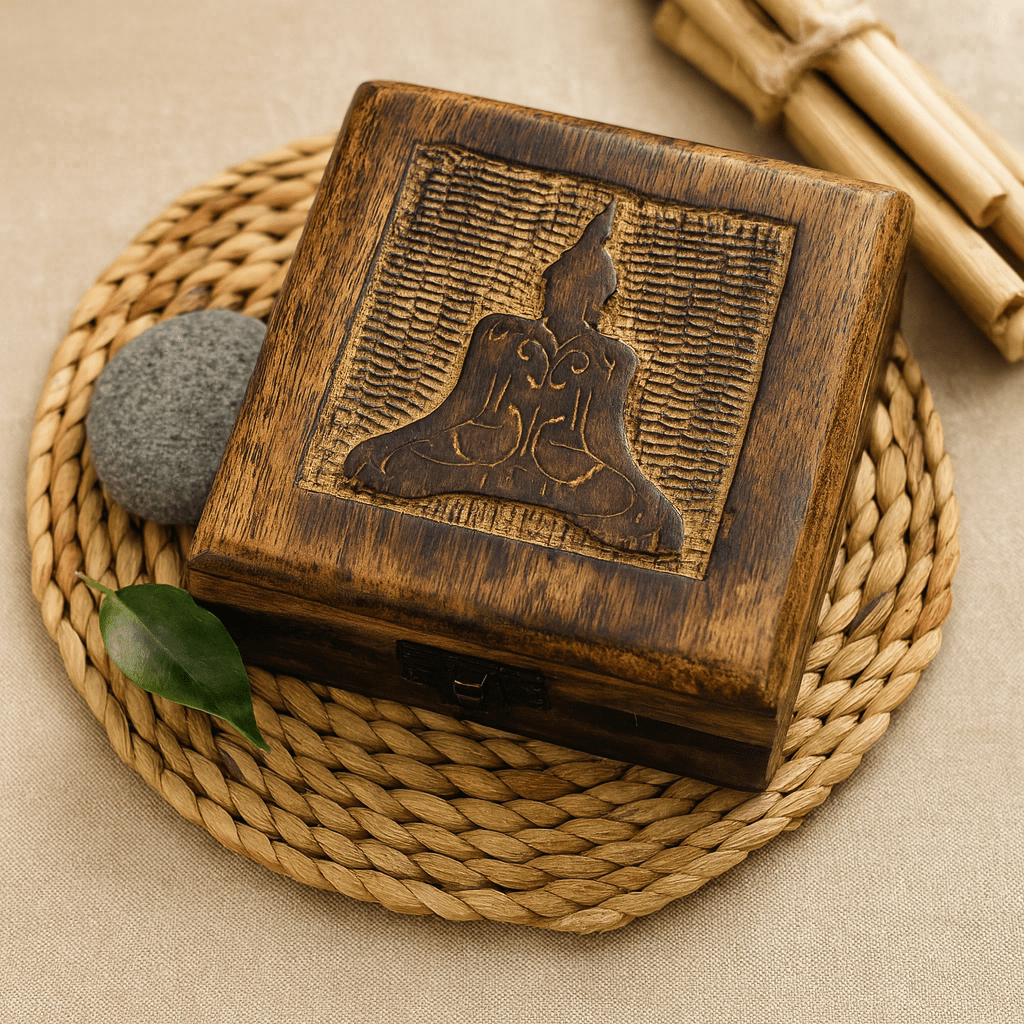 Wooden Keepsake Box, Square Buddha 13x13x6cm - SHAMTAM.COM