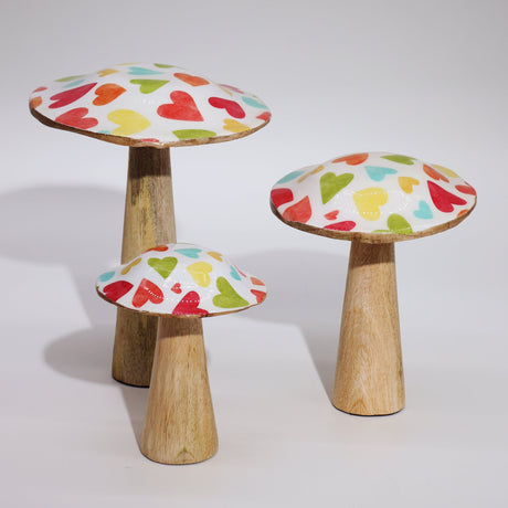 Charming Hand - Painted Wooden Mushroom with Pastel Heart Patterns – Whimsical Décor for Cozy Spaces - SHAMTAM.COM