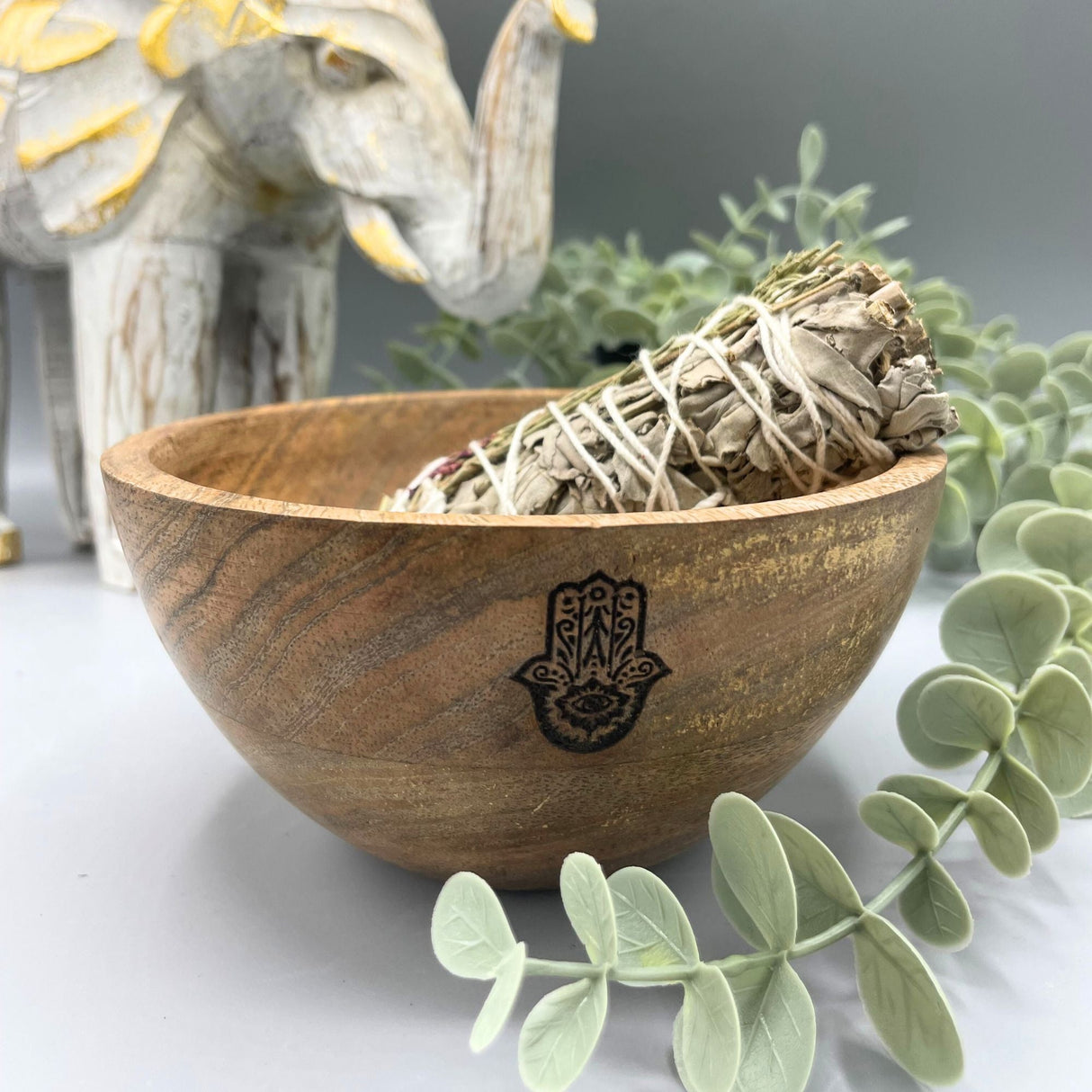 Wooden Bowl - Hamsa - Smudge Ritual Offerings Altar Sacrificial 13x7cm - SHAMTAM.COM