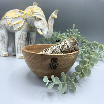 Cuenco de madera para sahumar – Altar ritual Hamsa 13x7cm