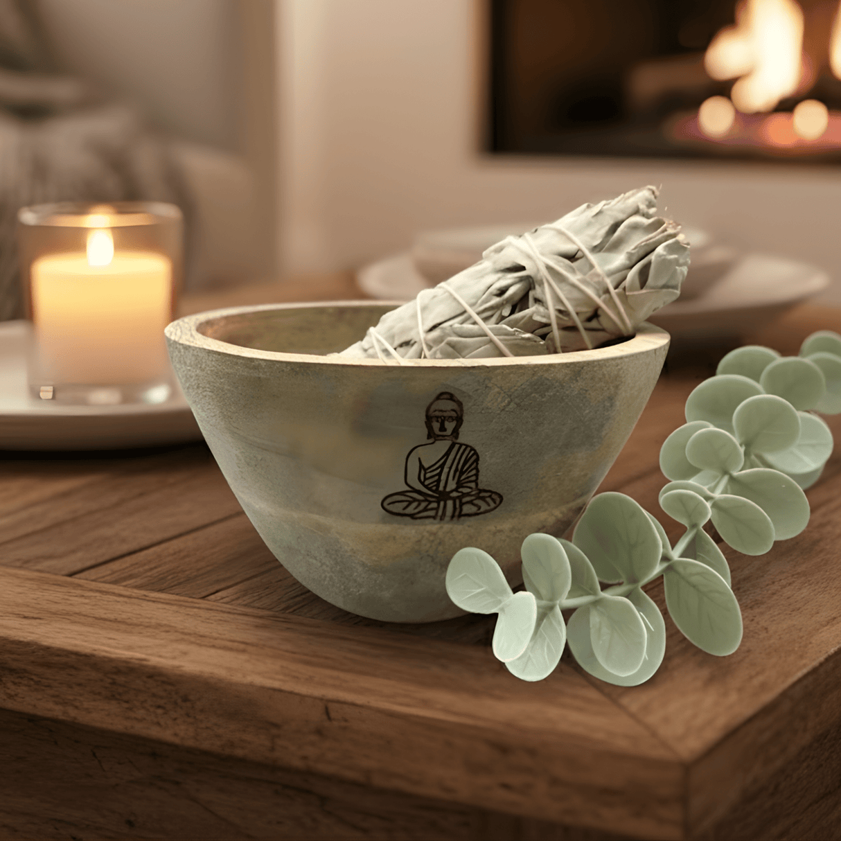 Wooden Smudge Offering Bowl Buddha 11x7cm - SHAMTAM.COM
