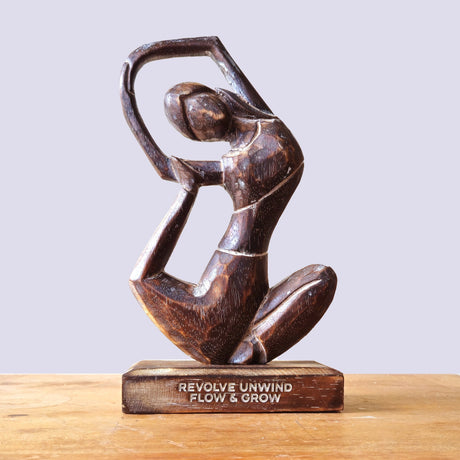 Antique Wooden Yoga Lady Sculpture in Revolved Pose - "Revolve Unwind Flow & Grow" - Abstract Art with Natural Wood Finish - SHAMTAM.COM