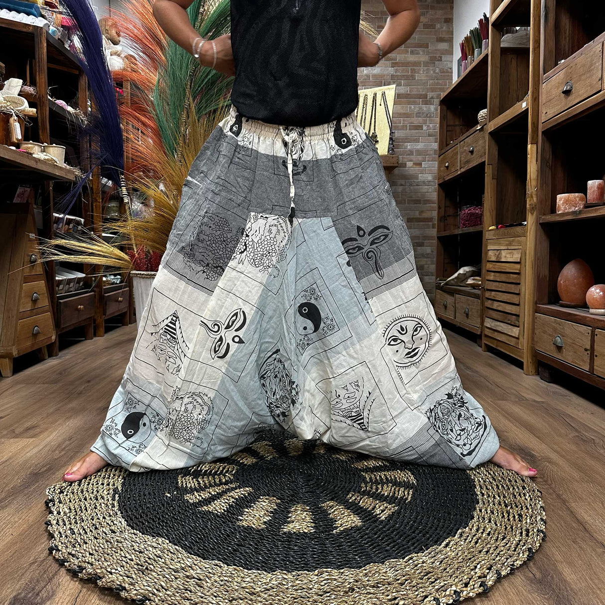 Yoga Pants - Aladdin Himalayan Print on Grey - SHAMTAM.COM