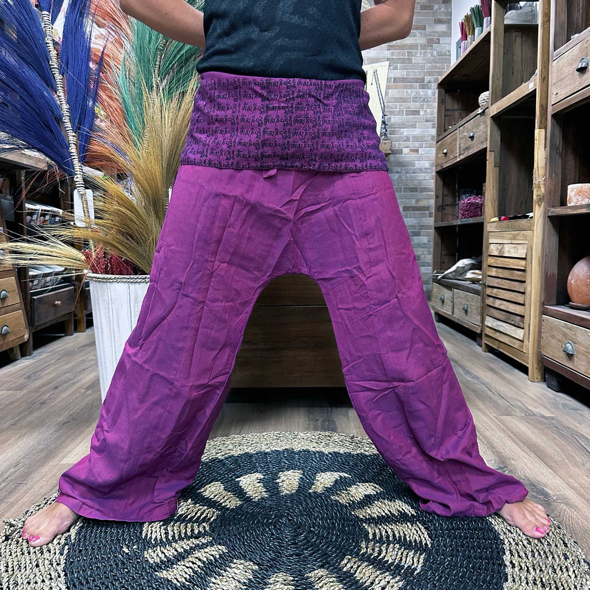 Yoga Pants - Thai Fisherman Mandala Mantra on Purple - SHAMTAM.COM